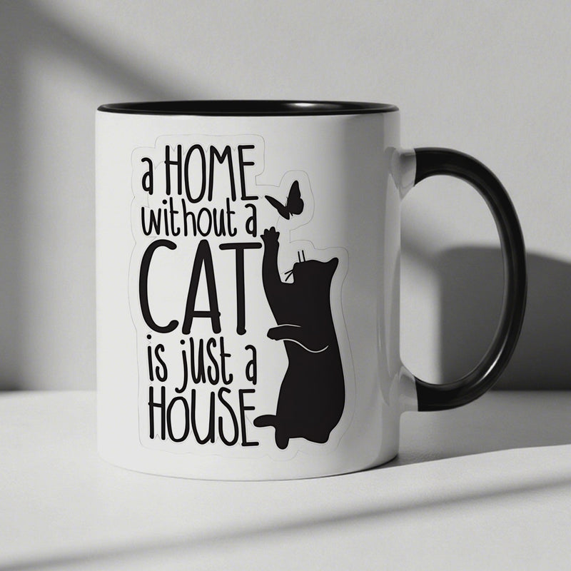 Tailorly Black Accent 11 oz Mug - cute cat silhouette with text "a home without a cat is a house"