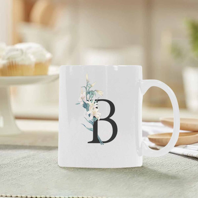Tailorly White Ceramic 11 oz Mug - B Elegant Serif Letter Decorated With White Flowers And Green Leaves Mug