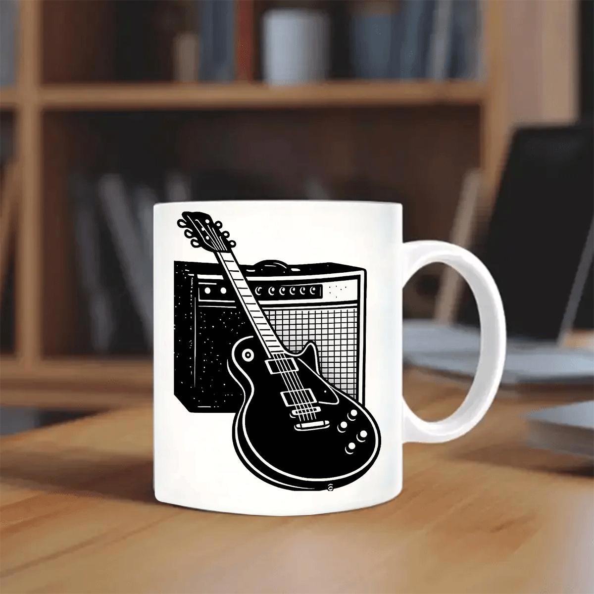 Tailorly White Ceramic 11 oz Mug - Retro Style Musical Instrument Resting Against Professional Stage Sound Amplifier Guitar
