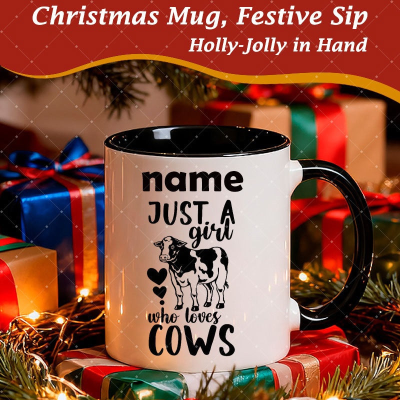 Tailorly Black Accent 11 oz Mug - cow pattern and personalized name text