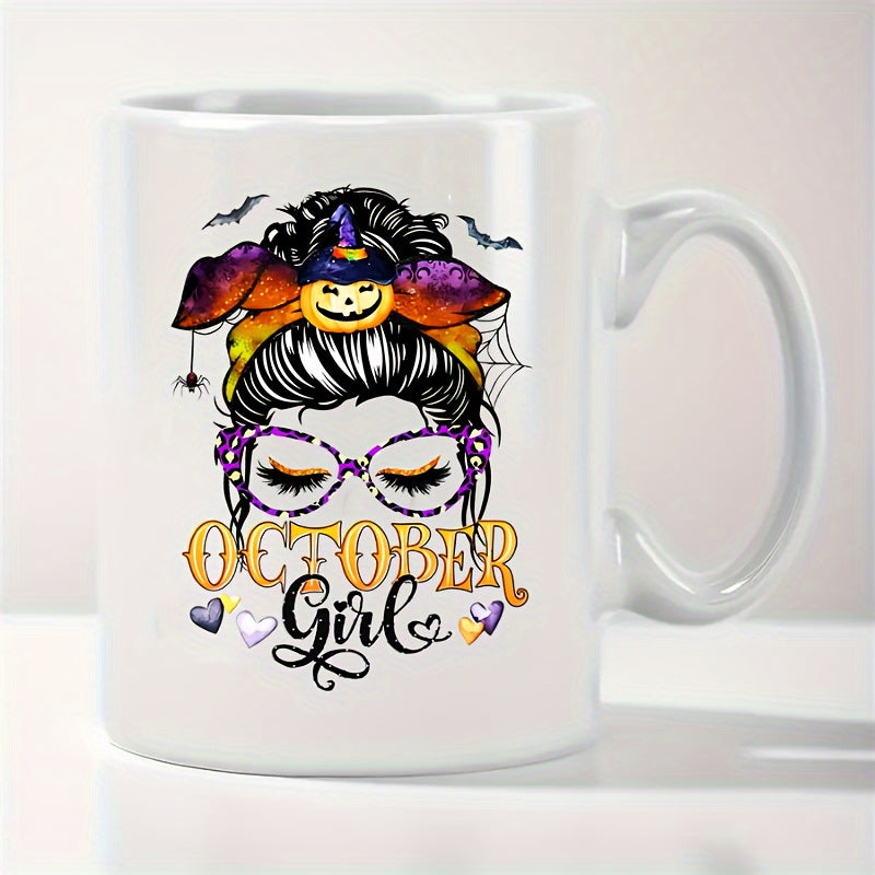 Tailorly White Ceramic 11 oz Mug - October Girl Festive Halloween Messy Bun Silhouette With Pumpkin Headband And Bats Woman