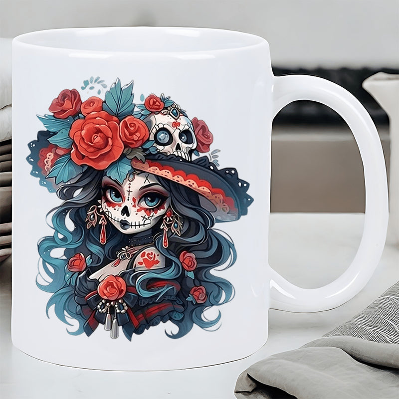 Tailorly White Ceramic 11 oz Mug - Artistic Sugar Skull Character Featuring Red Roses And Floating Small Skulls Maiden