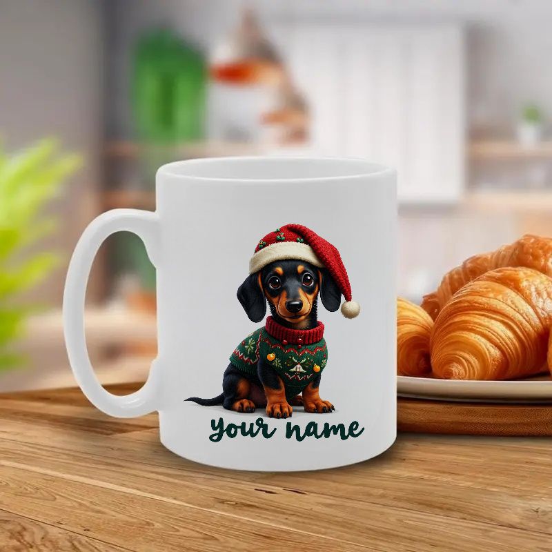Tailorly White Ceramic 11 oz Mug - Your Name Festive Little Puppy Wearing Santa Hat And Green Winter Sweater Dachshund