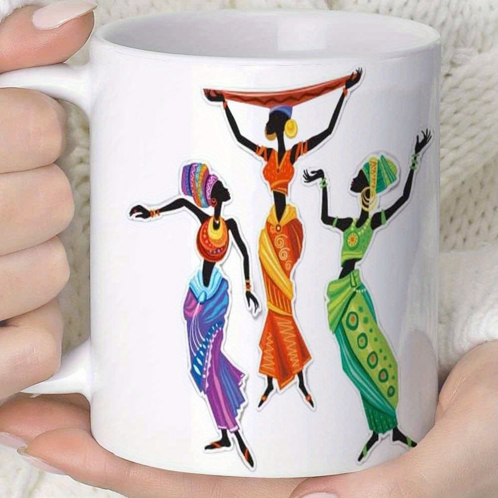 Tailorly White Ceramic 11 oz Mug - Three Graceful African Figures Dancing In Colorful Traditional Vibrant Patterned Garments Dancer