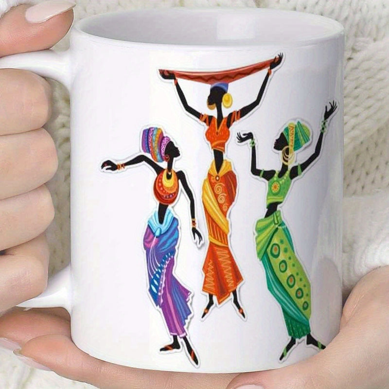 Tailorly White Ceramic 11 oz Mug - Three Graceful African Figures Dancing In Colorful Traditional Vibrant Patterned Garments Dancer