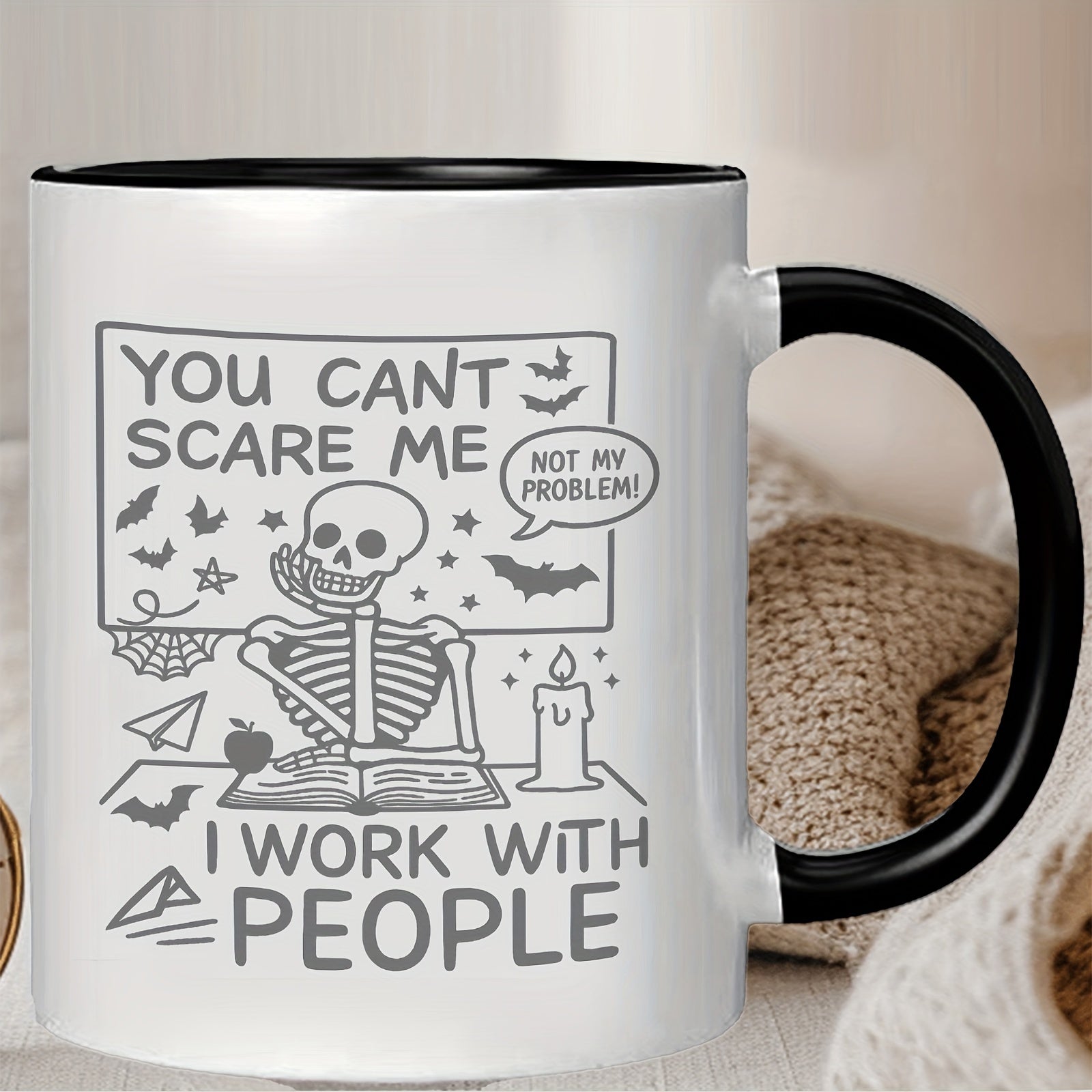 Tailorly Black Accent 11 oz Mug - humorous black white cartoon skeleton