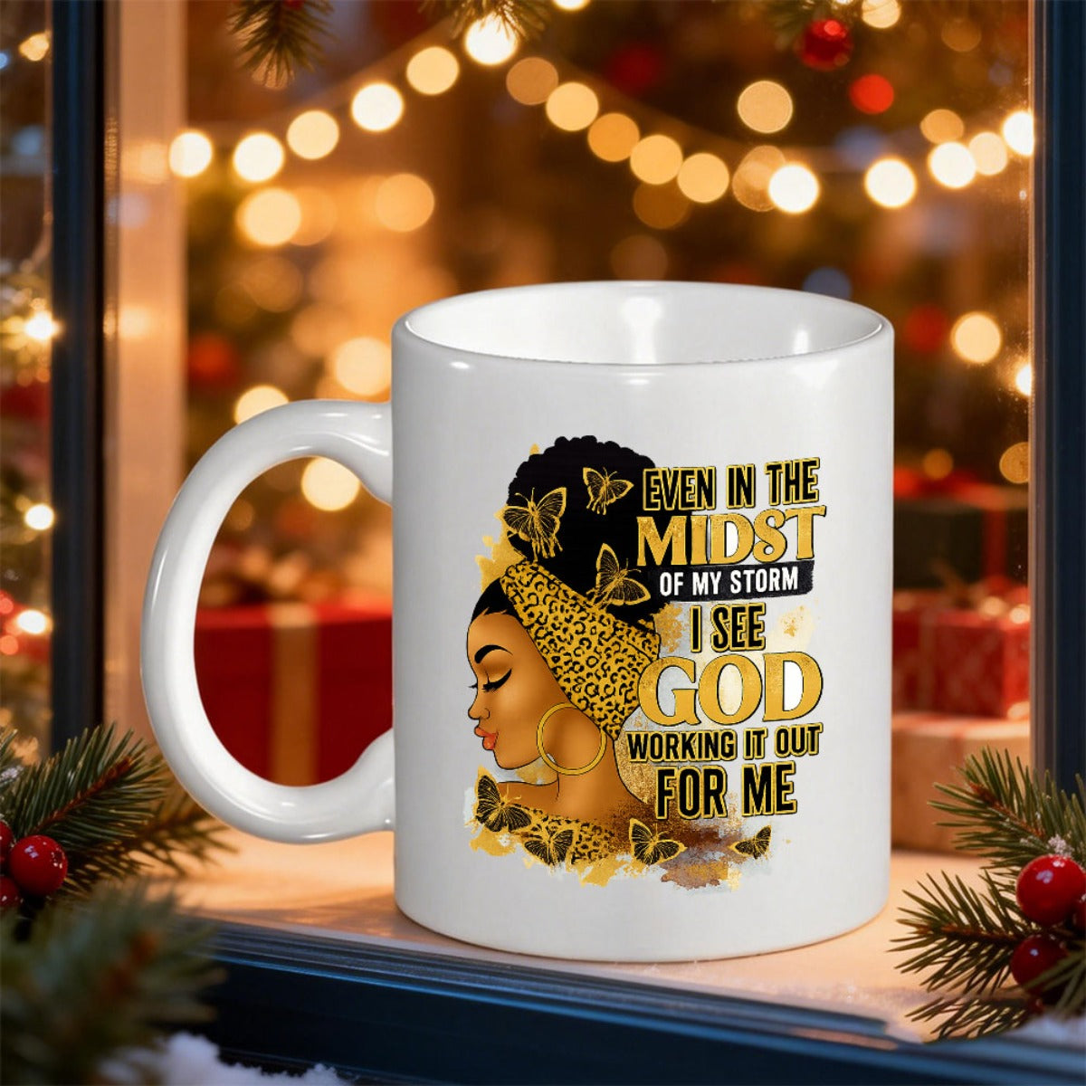 Tailorly White Ceramic 11 oz Mug - Even In The Midst Of My Storm I See God Working It Out For Me Beautiful Black Woman Wearing Golden Headwrap Among Delicate