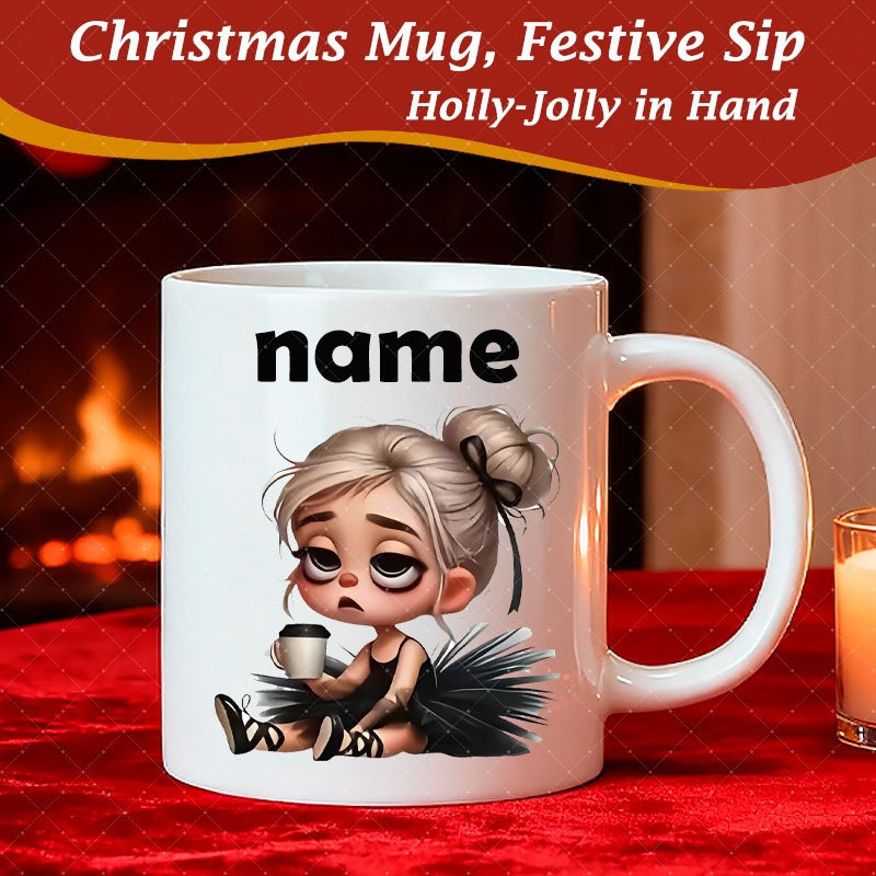 Tailorly White Ceramic 11 oz Mug - Name Cute Tired Little Ballerina Wearing Black Tutu Holding Coffee Cup Girl