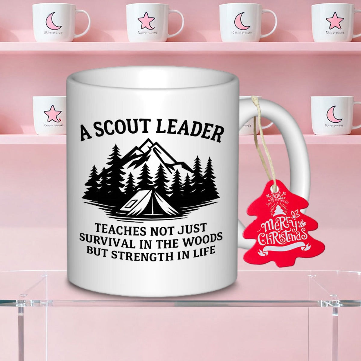 Tailorly White Ceramic 11 oz Mug - A Scout Leader Teaches Not Just Survival In The Woods But Strength In Life Rustic Silhouette With Evergreen Pine Trees Beside A
