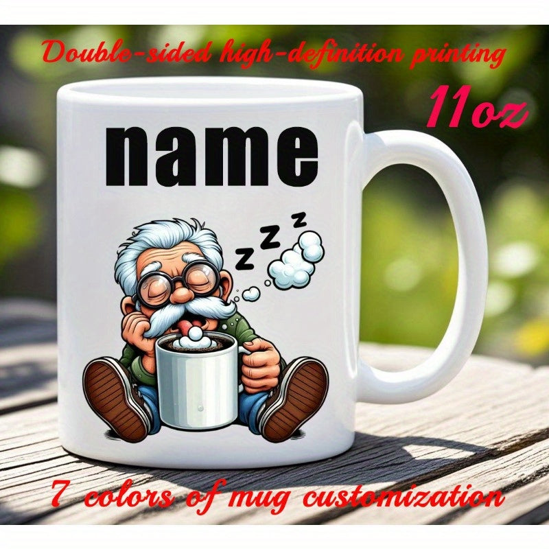 Tailorly White Ceramic 11 oz Mug - Name Sleeping Elderly Gentleman With Glasses And White Mustache Resting Beside Mug