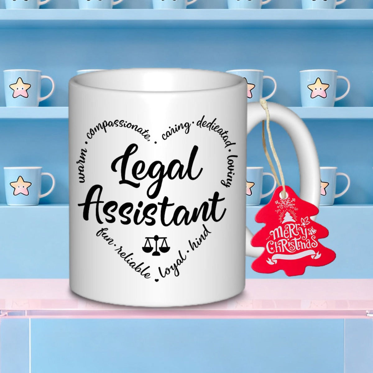 Tailorly White Ceramic 11 oz Mug - Legal Assistant Merry Christmas Heart Shaped Descriptive Text Featuring Scales Of Justice Symbol On