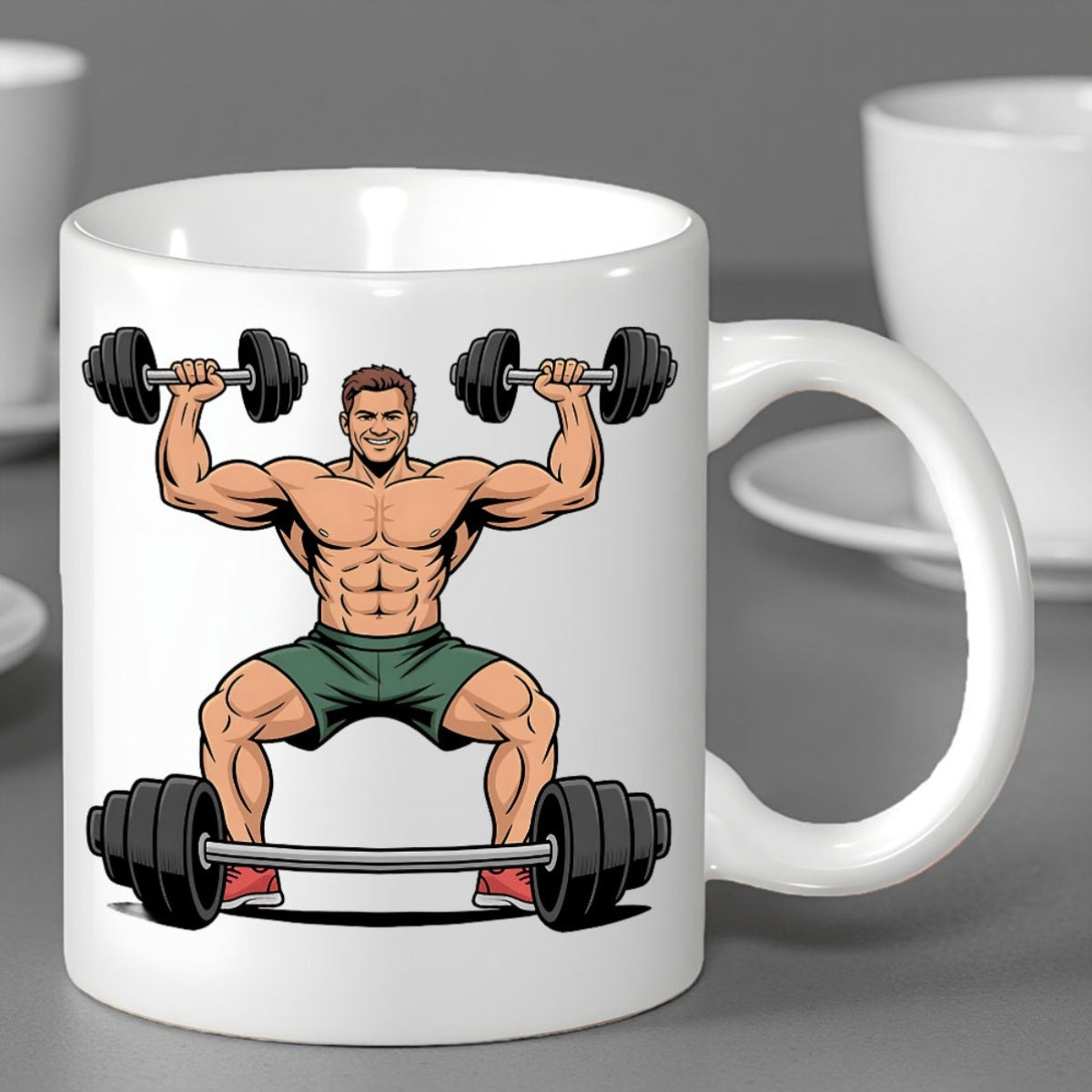Tailorly White Ceramic 11 oz Mug - Powerful Muscular Man Lifting Heavy Black Dumbbells And Large Metal Barbell Bodybuilder