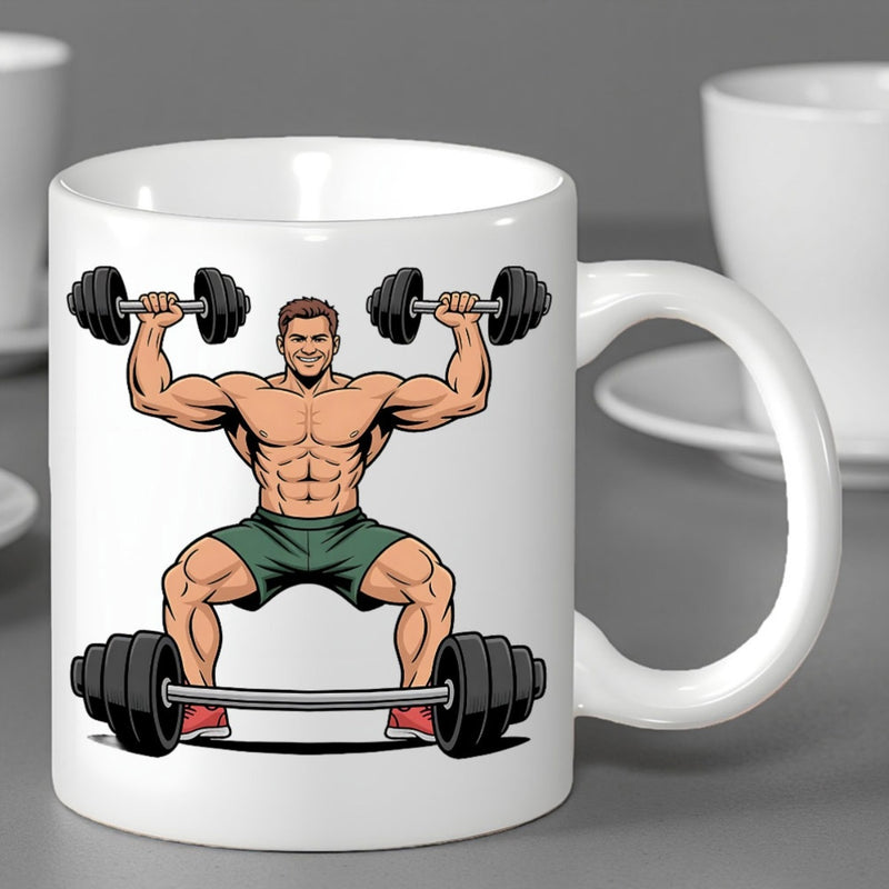 Tailorly White Ceramic 11 oz Mug - Powerful Muscular Man Lifting Heavy Black Dumbbells And Large Metal Barbell Bodybuilder
