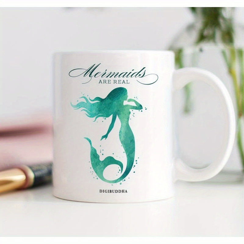 Tailorly White Ceramic 11 oz Mug - Mermaids Are Real Graceful Teal Watercolor Silhouette Floating Among Bubbles With Flowing Hair Mermaid