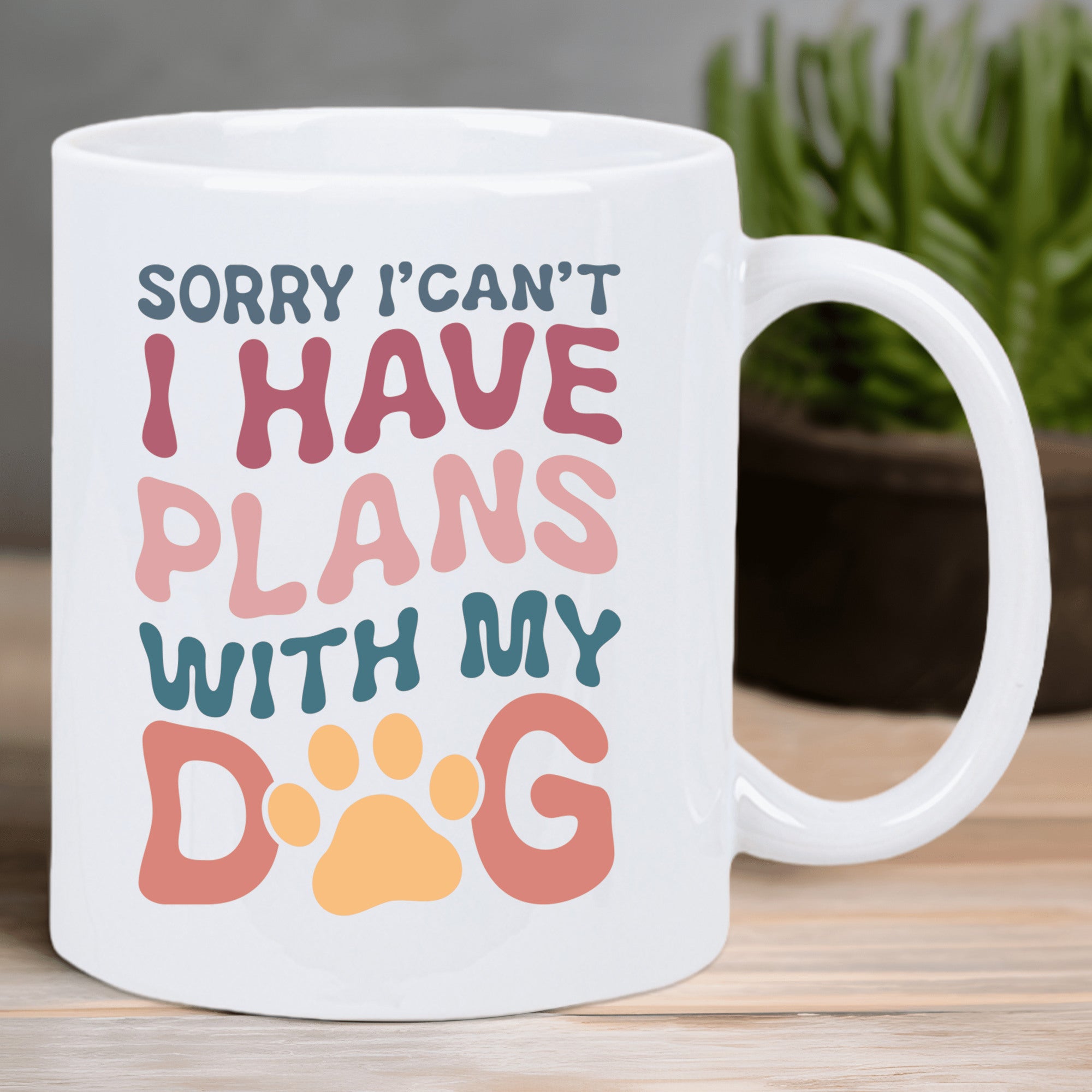 Tailorly White Ceramic 11 oz Mug - Sorry I Can't I Have Plans With My Dog Retro Wavy Colorful Typography Featuring A Cute Stylized Paw
