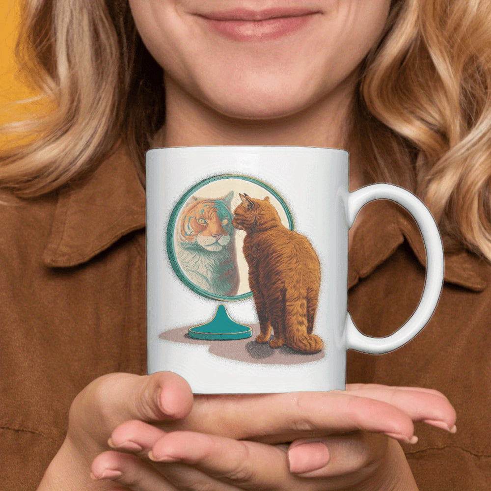 Tailorly White Ceramic 11 oz Mug - Gentle Orange Cat Looking Into Mirror Reflecting A Powerful Wild Majestic Tiger Cat