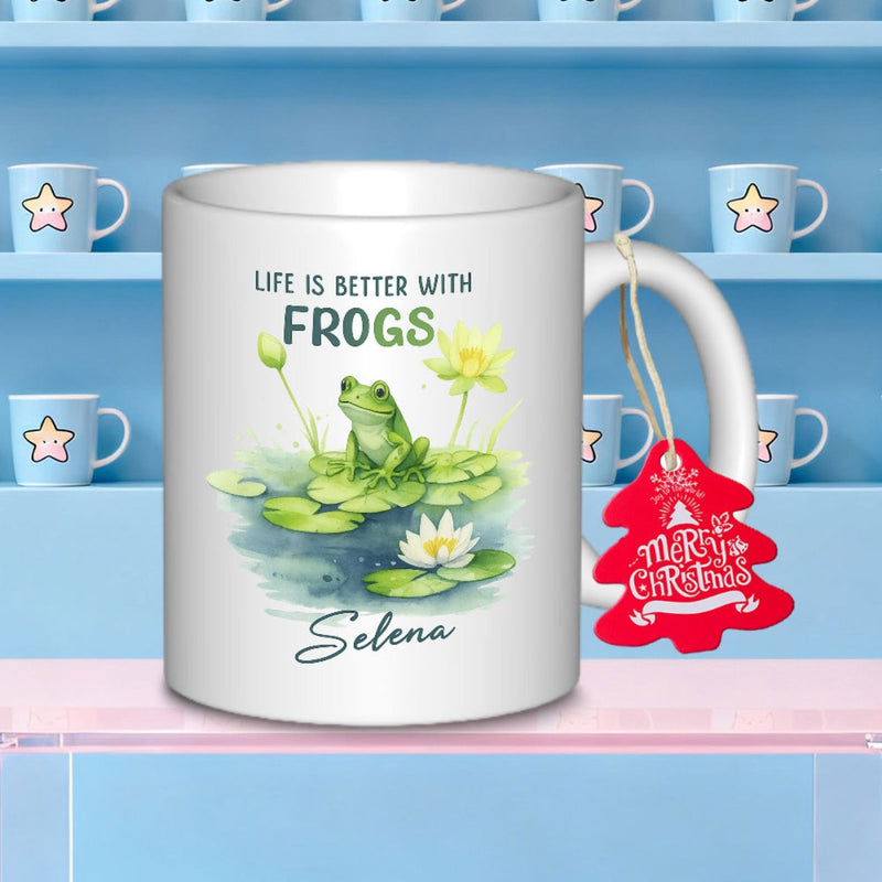 Tailorly White Ceramic 11 oz Mug - Life Is Better With Frogs Selena Adorable Green Frog Resting On Lily Pad Surrounded By Blooming Water Lilies Frog