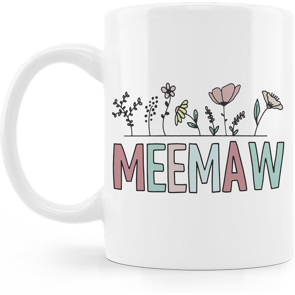 Tailorly White Ceramic 11 oz Mug - Meemaw Minimalist Hand Drawn Wildflowers Growing From A Horizontal Line With Pastel Colors Wildflower