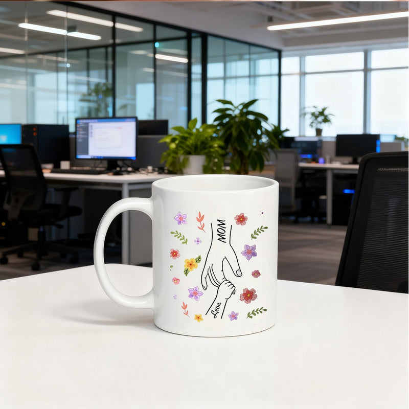Tailorly White Ceramic 11 oz Mug - Mom Love Minimalist Adult And Child Hands Holding Among Blooming Colorful Floral Garden Hands