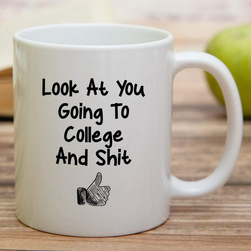 Tailorly White Ceramic 11 oz Mug - Look At You Going To College And Shit Simple Black Hand Drawn Sketch Representing A Positive Encouraging Gesture Thumbs Up