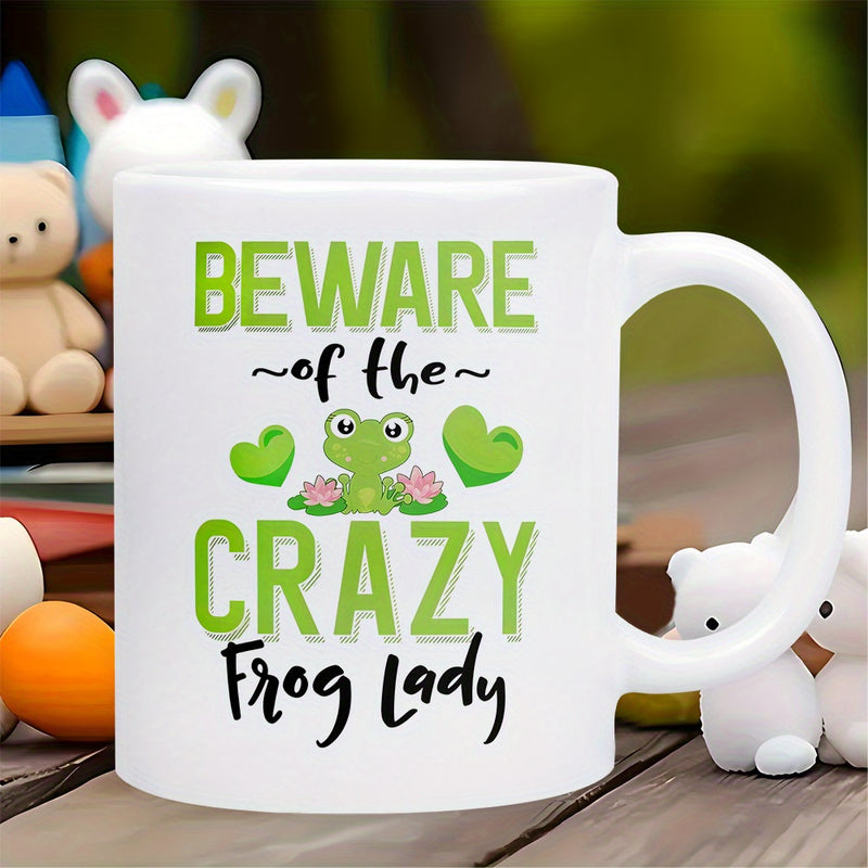 Tailorly White Ceramic 11 oz Mug - Beware Of The Crazy Frog Lady Adorable Green Cartoon Amphibian Sitting Between Pink Blossoms And Vibrant Heart Shapes Frog