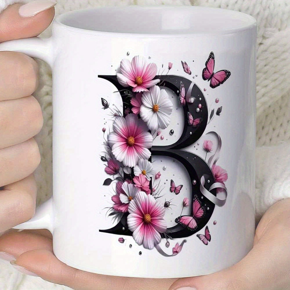 Tailorly White Ceramic 11 oz Mug - B Elegant Black Serif Style Surrounded By Pink Flowers And Butterflies Letter B