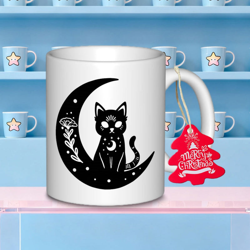 Tailorly White Ceramic 11 oz Mug - Merry Christmas Mystic Crescent Moon With Celestial Patterns Surrounding A Sitting Black Cat