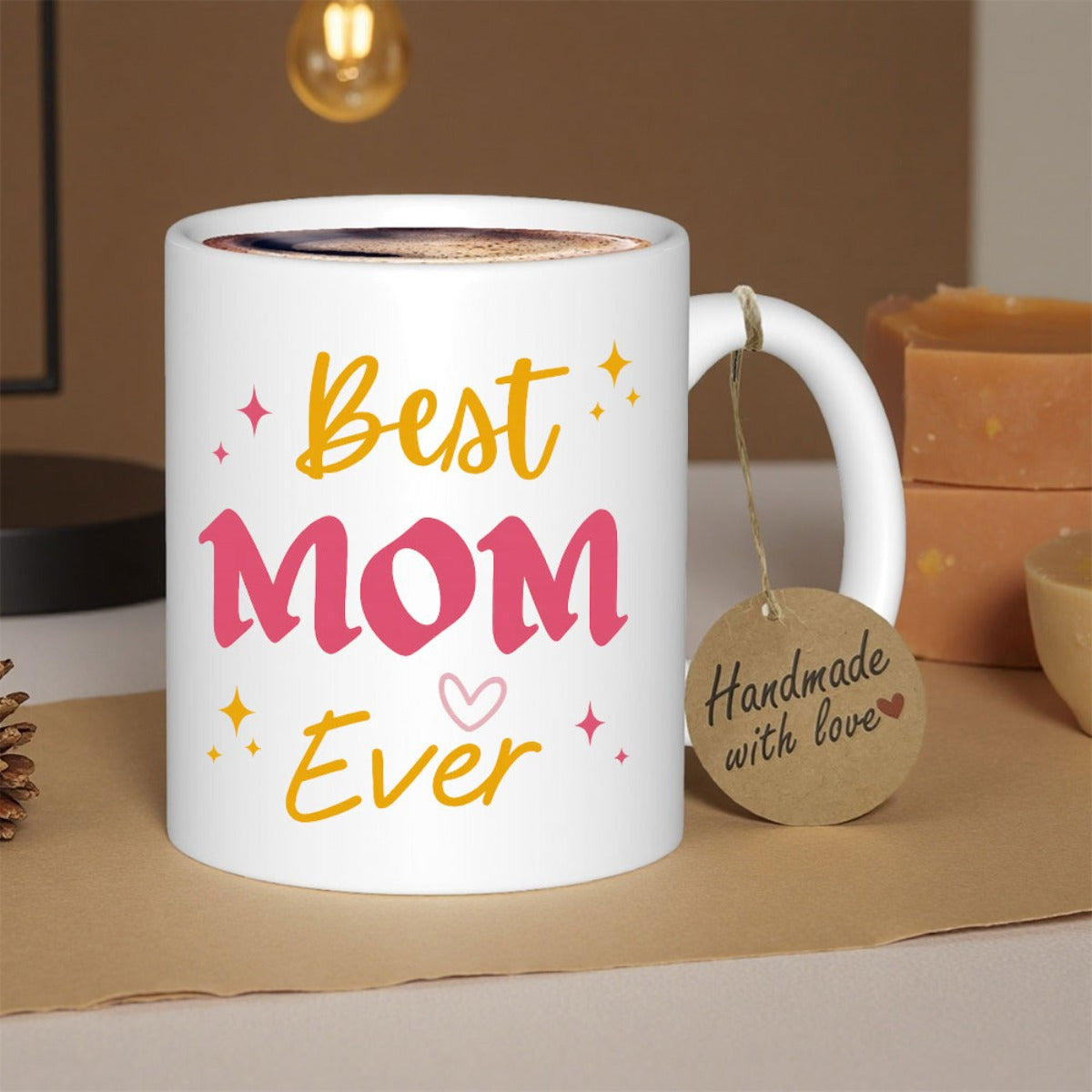 Tailorly White Ceramic 11 oz Mug - Best Mom Ever Stylish Colorful Script Typography With Sparkling Stars And Tiny Heart Mug