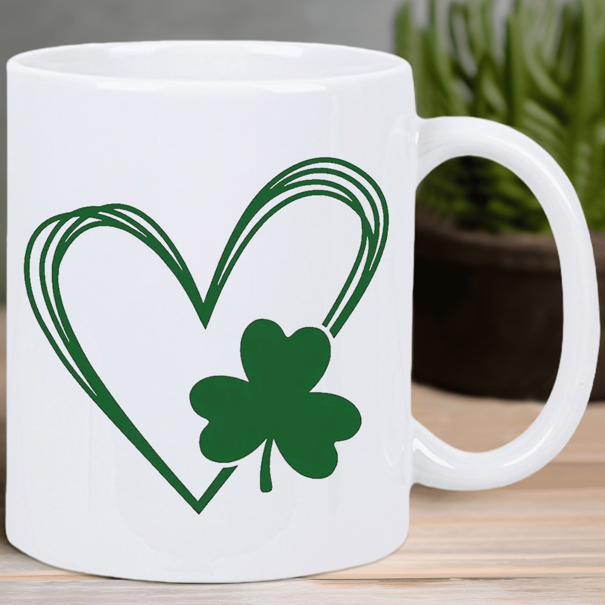 Tailorly White Ceramic 11 oz Mug - Minimalist Green Sketchy Heart Combined With A Solid Traditional Irish Three Leaf Shamrock