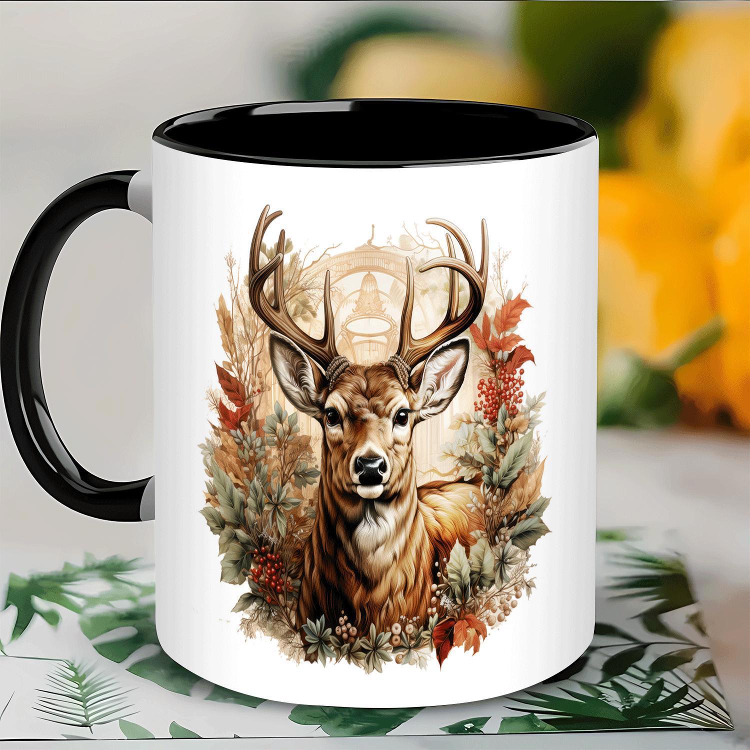 Tailorly Black Accent 11 oz Mug - deer christmas design with pine cones