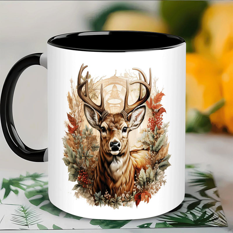Tailorly Black Accent 11 oz Mug - deer christmas design with pine cones