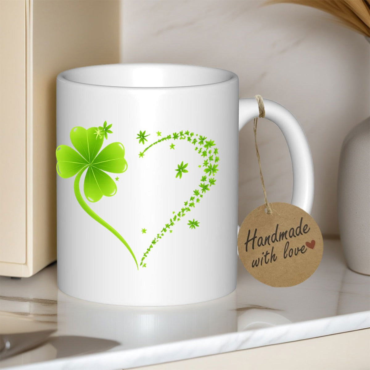 Tailorly White Ceramic 11 oz Mug - Handmade With Love Vibrant Green Four Leaf Clover Forming A Sparkly Heart Shape Clover