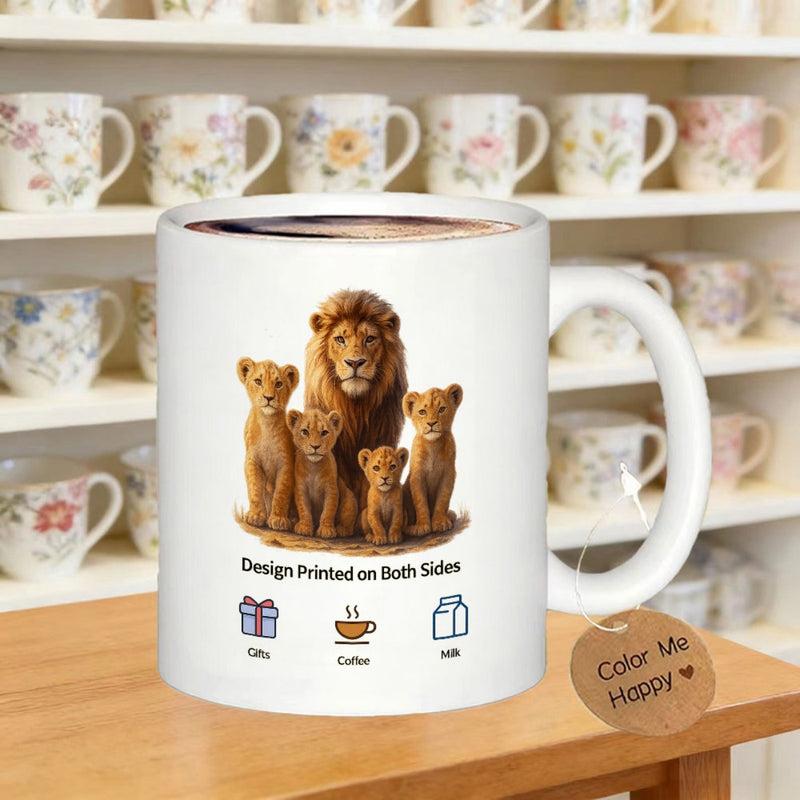 Tailorly White Ceramic 11 oz Mug - Majestic Golden Lion Family With Four Small Cubs Sitting Gracefully Lion
