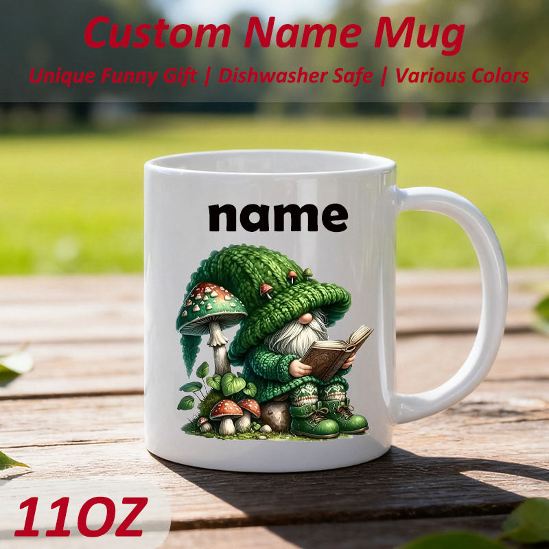Tailorly White Ceramic 11 oz Mug - Name Enchanted Garden Dweller Reading A Book Beside Small Green Spotted Mushrooms Gnome