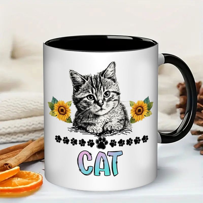 Tailorly Black Accent 11 oz Mug - cute tabby kitten paw print kitten face lettering