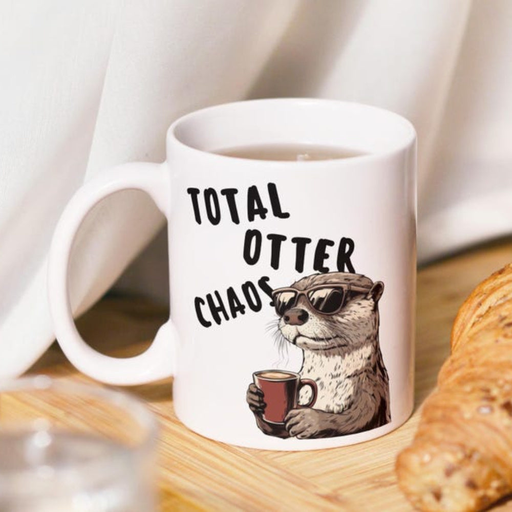Tailorly White Ceramic 11 oz Mug - Total Otter Chaos Cool Little Animal Wearing Sunglasses While Holding Hot Steaming Drink Otter
