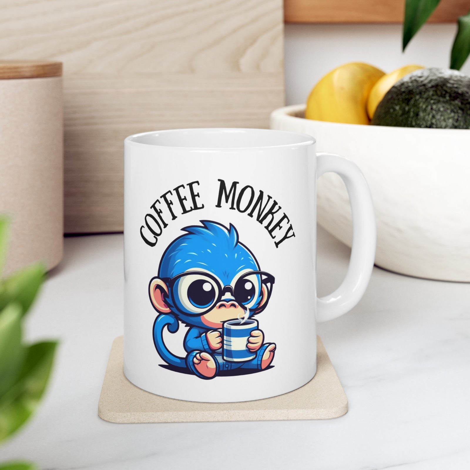 Tailorly White Ceramic 11 oz Mug - Coffee Monkey Adorable Small Blue Primate Wearing Black Glasses Drinking Warm Coffee Monkey