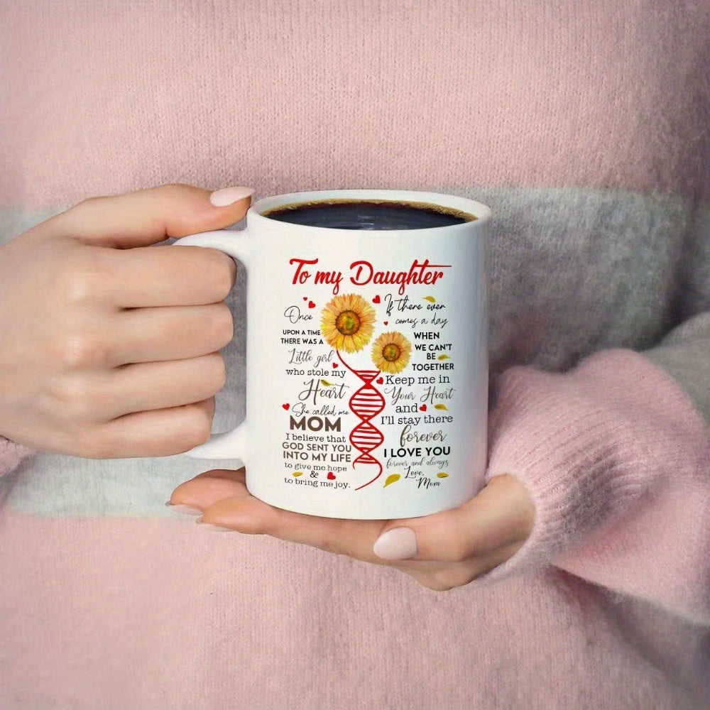 Tailorly White Ceramic 11 oz Mug - To My Daughter I Love You Mom Blooming Yellow Sunflowers Mixed With Genetic DNA Helix And Small Heart Sunflower