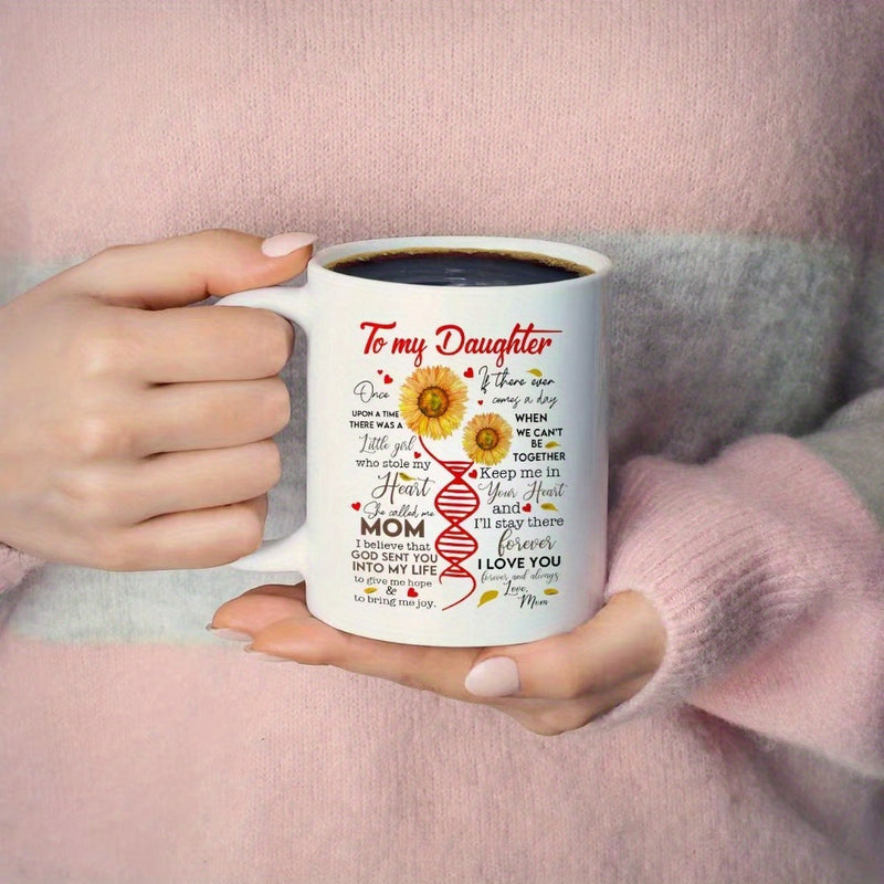 Tailorly White Ceramic 11 oz Mug - To My Daughter I Love You Mom Blooming Yellow Sunflowers Mixed With Genetic DNA Helix And Small Heart Sunflower