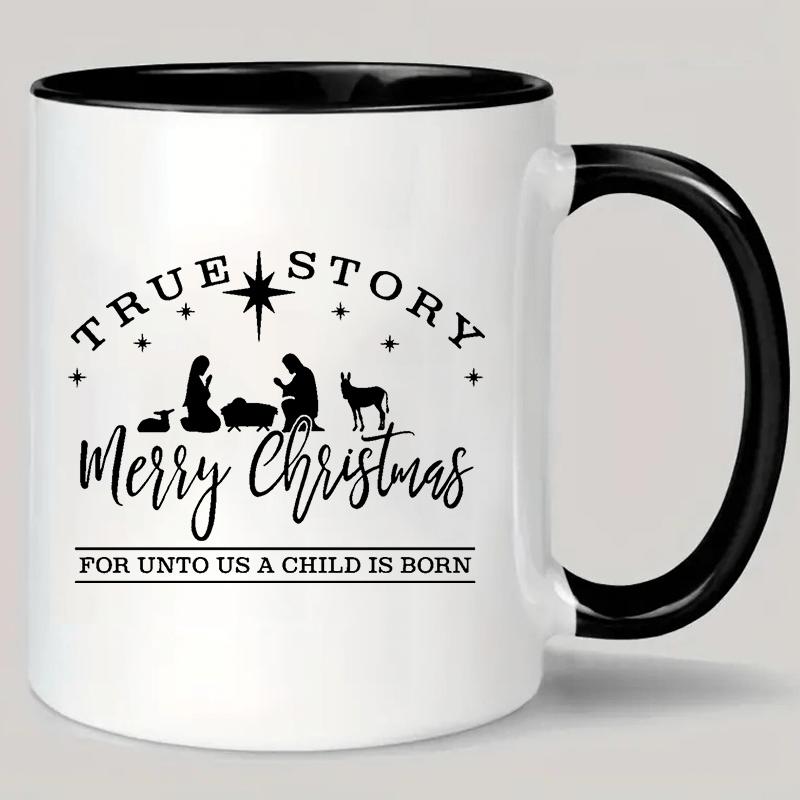 Tailorly Black Accent 11 oz Mug - unto us a child is born Christmas design
