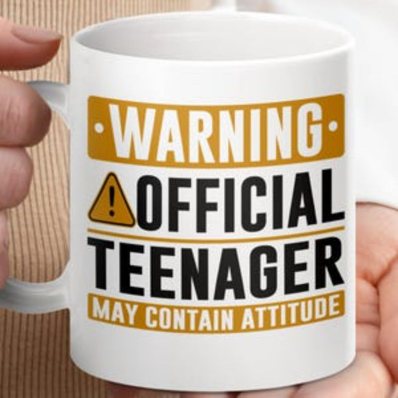 Tailorly White Ceramic 11 oz Mug - Warning Official Teenager May Contain Attitude Bold Industrial Warning Sign With Caution Triangle And Yellow Decorative Borders