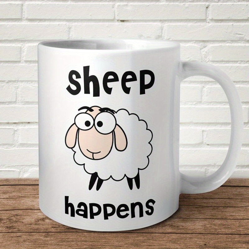 Tailorly White Ceramic 11 oz Mug - Sheep Happens Cartoon Style White Woolly Animal Standing On Two Black Legs Sheep