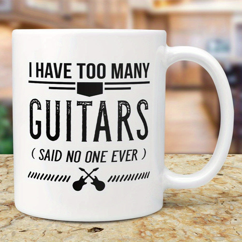 Tailorly White Ceramic 11 oz Mug - I Have Too Many Guitars Said No One Ever Two Crossed Electric Guitar Silhouettes Featuring Musical Decorative Stripes And Bold