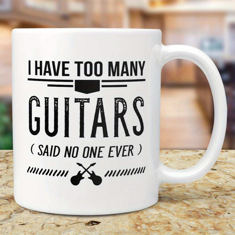 Tailorly White Ceramic 11 oz Mug - I Have Too Many Guitars Said No One Ever Two Crossed Electric Guitar Silhouettes Featuring Musical Decorative Stripes And Bold