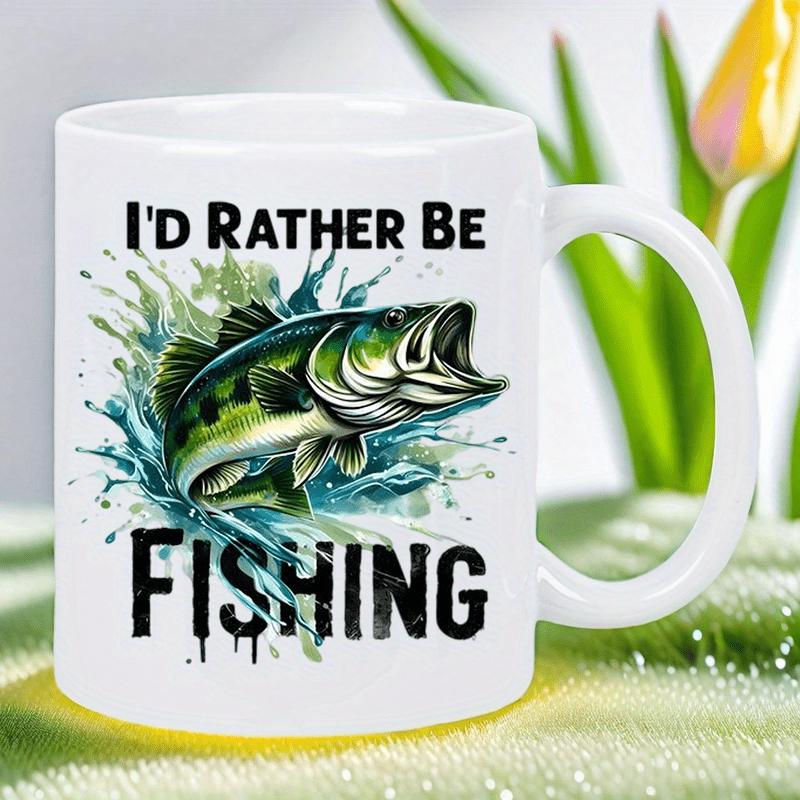 Tailorly White Ceramic 11 oz Mug - Id Rather Be Fishing Majestic Bass Jumping Out Of Water With Blue Splashes Fish