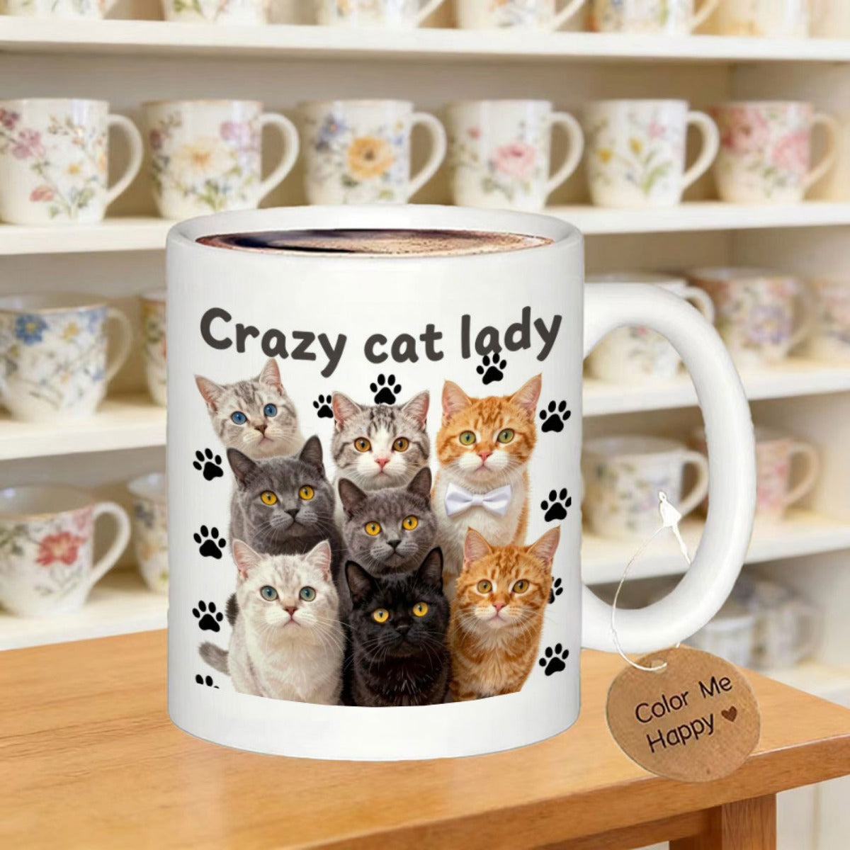 Tailorly White Ceramic 11 oz Mug - Crazy Cat Lady Adorable Group Of Multiple Domestic Felines Surrounded By Black Paw Prints Cat