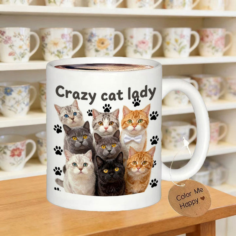 Tailorly White Ceramic 11 oz Mug - Crazy Cat Lady Adorable Group Of Multiple Domestic Felines Surrounded By Black Paw Prints Cat