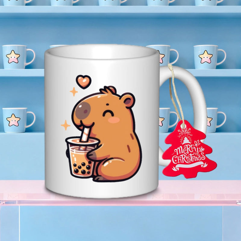 Tailorly White Ceramic 11 oz Mug - Adorable Cartoon Animal Drinking Delicious Pearl Milk Tea Capybara