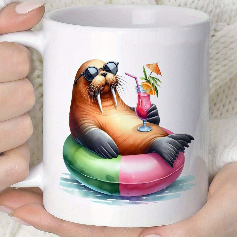 Tailorly White Ceramic 11 oz Mug - Cool Cartoon Character Wearing Sunglasses Relaxing With Refreshing Tropical Drink Walrus