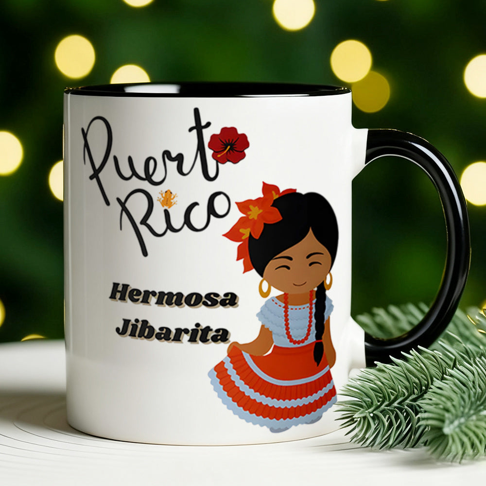 Tailorly Black Accent 11 oz Mug - Puerto heritage themed ceramic coffee mug Jibara inspired tea cup colorful traditional dress